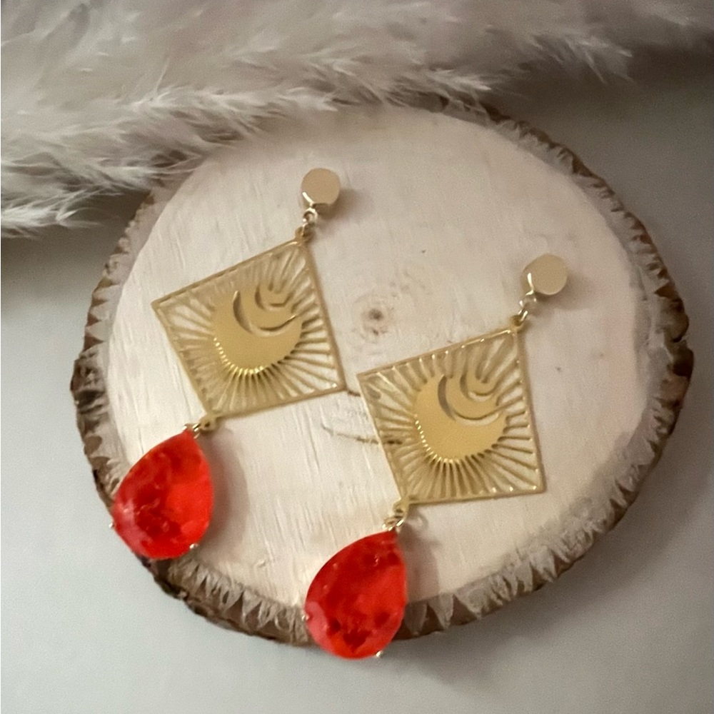 Delicate Statement Gold & Orange Dangle Earrings … - image 7